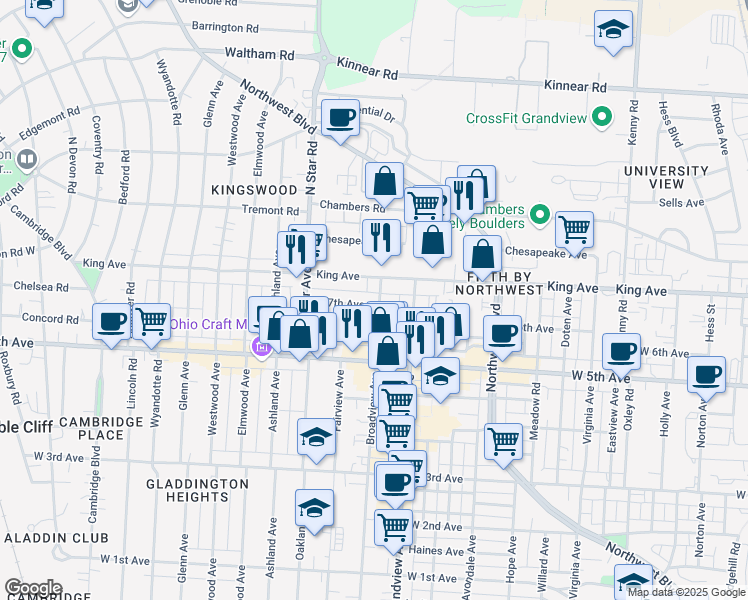 map of restaurants, bars, coffee shops, grocery stores, and more near 1459 King Avenue in Columbus