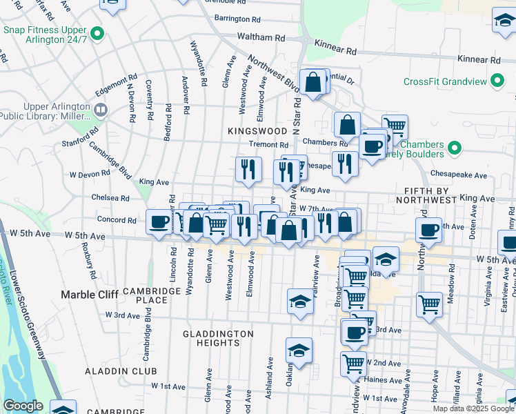 map of restaurants, bars, coffee shops, grocery stores, and more near 1623 King Avenue in Columbus