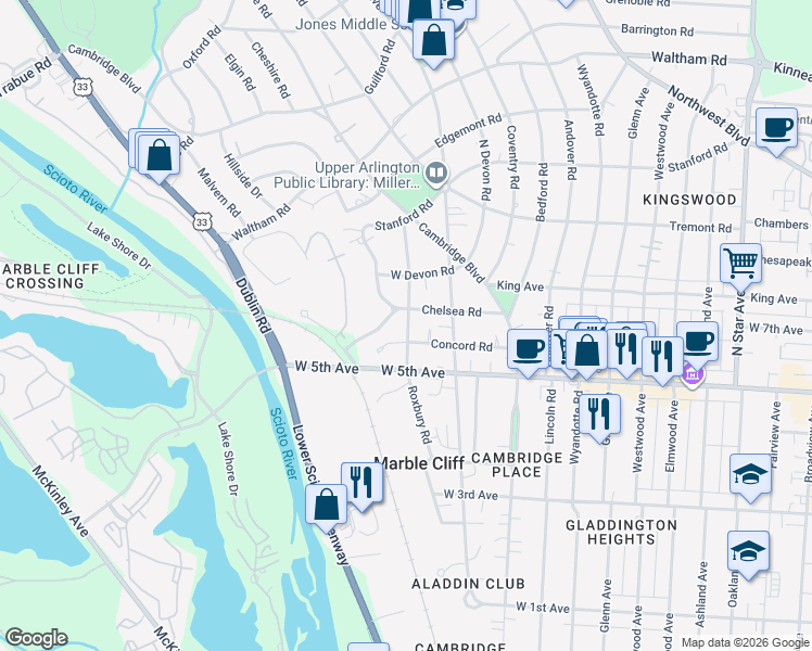map of restaurants, bars, coffee shops, grocery stores, and more near 1751 Roxbury Road in Columbus
