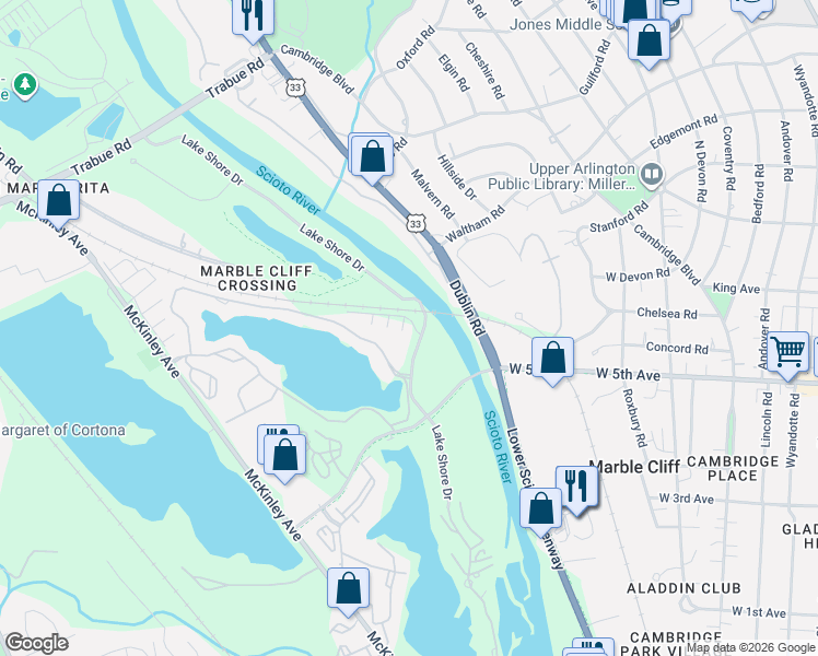 map of restaurants, bars, coffee shops, grocery stores, and more near 2339 Keep Place in Columbus