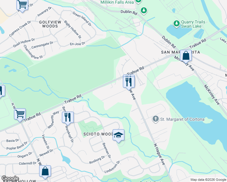 map of restaurants, bars, coffee shops, grocery stores, and more near 3657 Trabue Road in Columbus