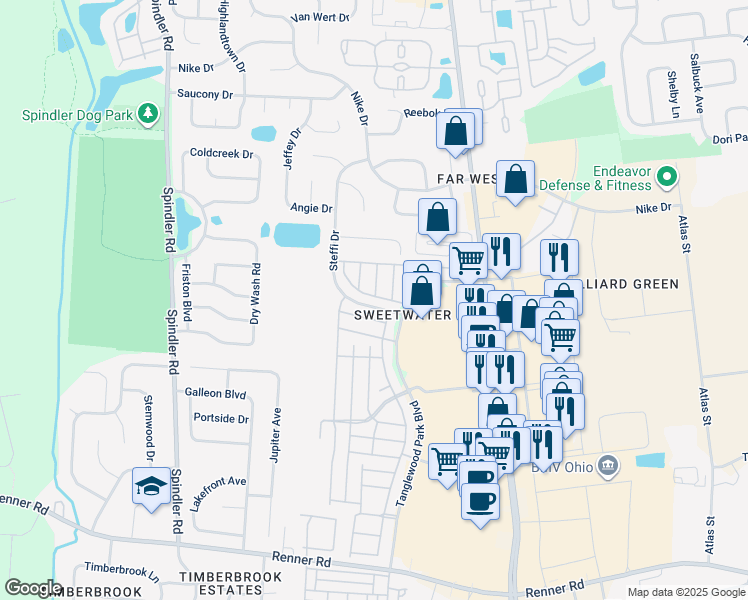 map of restaurants, bars, coffee shops, grocery stores, and more near 2032 Burbridge Lane in Hilliard