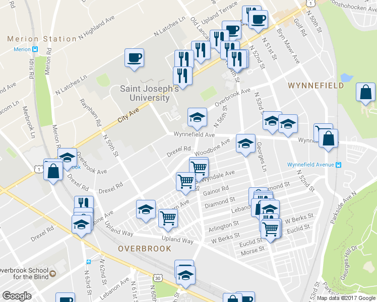 map of restaurants, bars, coffee shops, grocery stores, and more near 5708 Drexel Road in Philadelphia