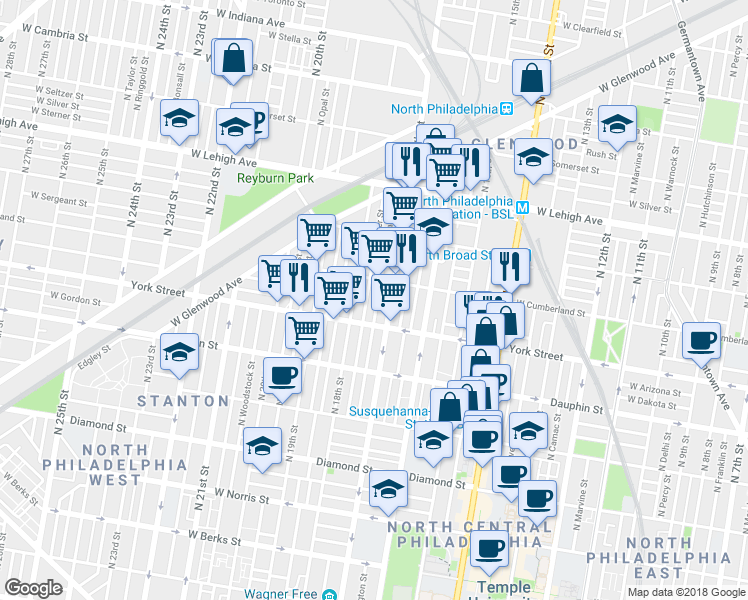 map of restaurants, bars, coffee shops, grocery stores, and more near 2436 North Colorado Street in Philadelphia