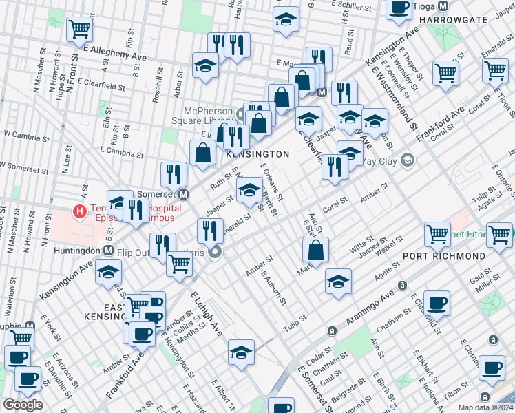 map of restaurants, bars, coffee shops, grocery stores, and more near 1948 East Monmouth Street in Philadelphia
