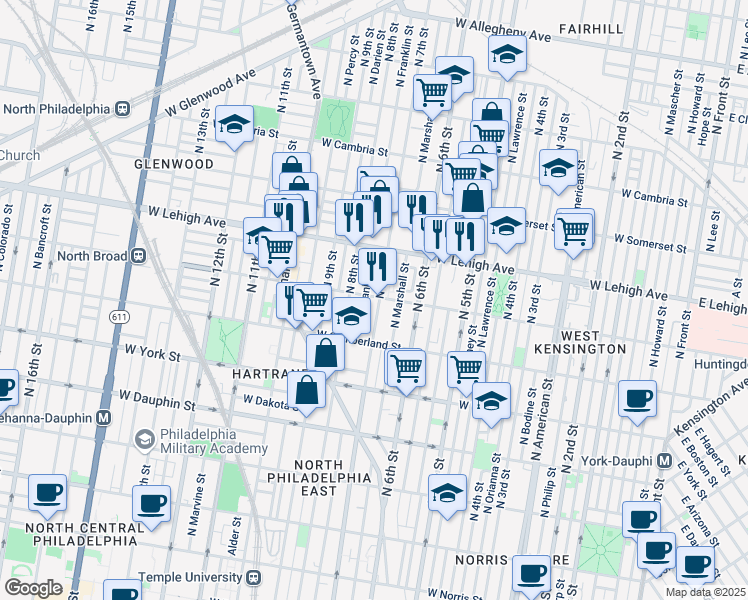 map of restaurants, bars, coffee shops, grocery stores, and more near 2564 North 7th Street in Philadelphia