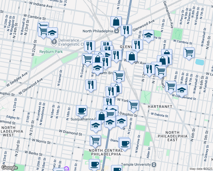 map of restaurants, bars, coffee shops, grocery stores, and more near 2453 N 15th St in Philadelphia