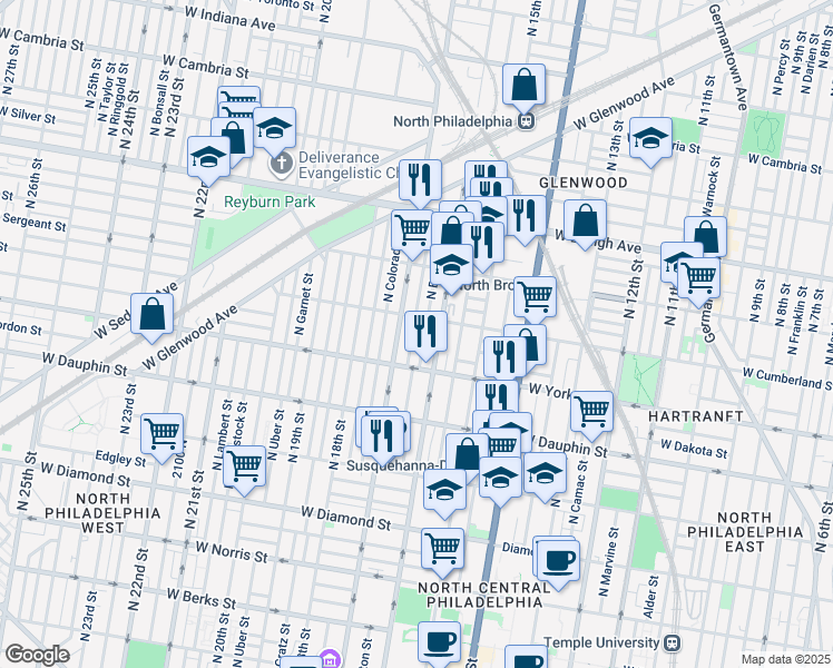 map of restaurants, bars, coffee shops, grocery stores, and more near 2449 North Chadwick Street in Philadelphia
