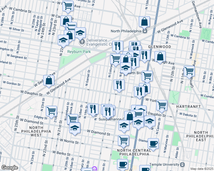 map of restaurants, bars, coffee shops, grocery stores, and more near 2436 North Colorado Street in Philadelphia