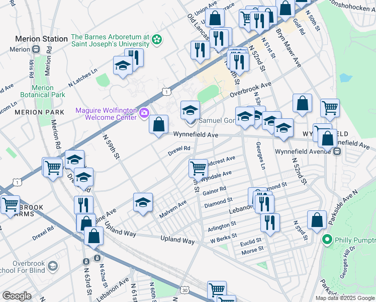 map of restaurants, bars, coffee shops, grocery stores, and more near 5708 Drexel Road in Philadelphia