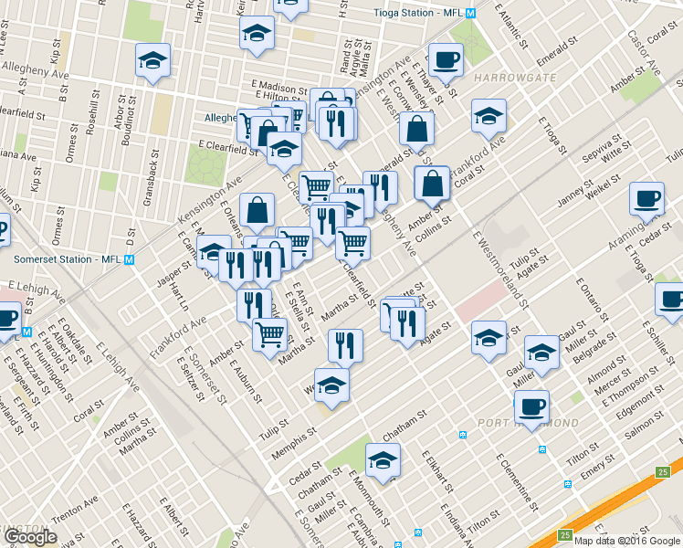 map of restaurants, bars, coffee shops, grocery stores, and more near 3072 Amber Street in Philadelphia
