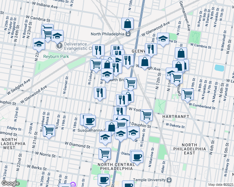 map of restaurants, bars, coffee shops, grocery stores, and more near 2453 N 15th St in Philadelphia