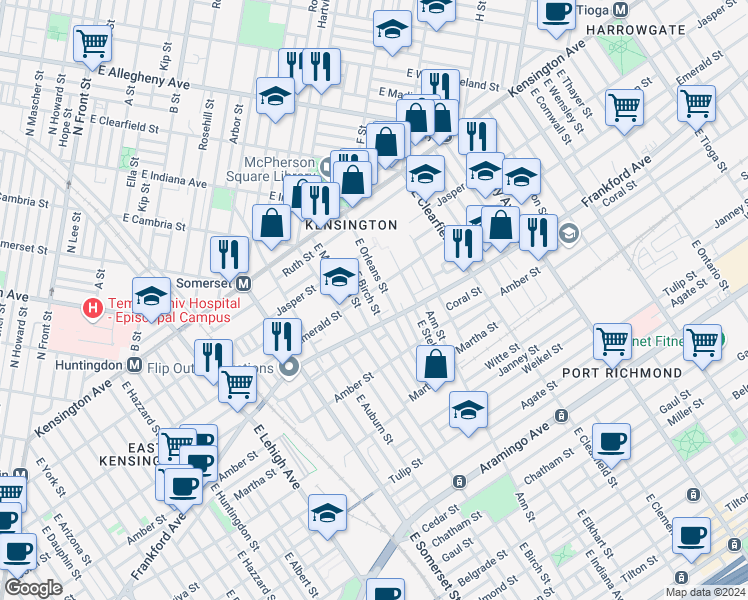 map of restaurants, bars, coffee shops, grocery stores, and more near 2011 East Birch Street in Philadelphia