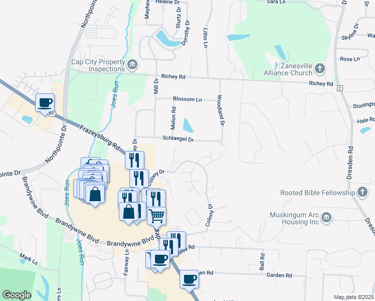 map of restaurants, bars, coffee shops, grocery stores, and more near 1035 Schlaegel Drive in Zanesville