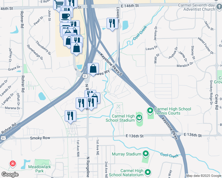 map of restaurants, bars, coffee shops, grocery stores, and more near 133 Trail View Drive in Carmel