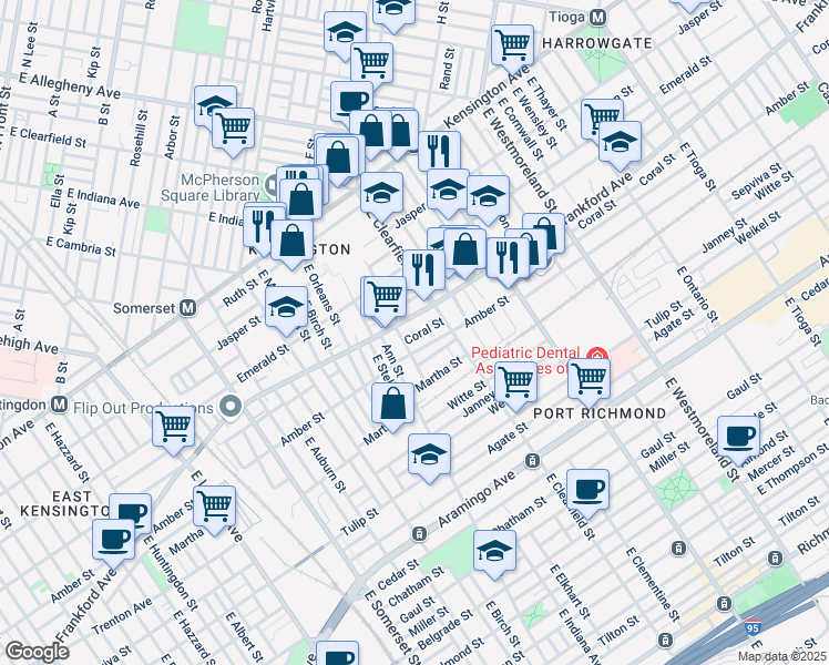 map of restaurants, bars, coffee shops, grocery stores, and more near 3036 Coral Street in Philadelphia