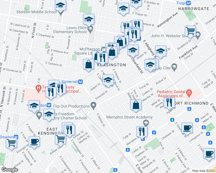 map of restaurants, bars, coffee shops, grocery stores, and more near 1937 East Cambria Street in Philadelphia