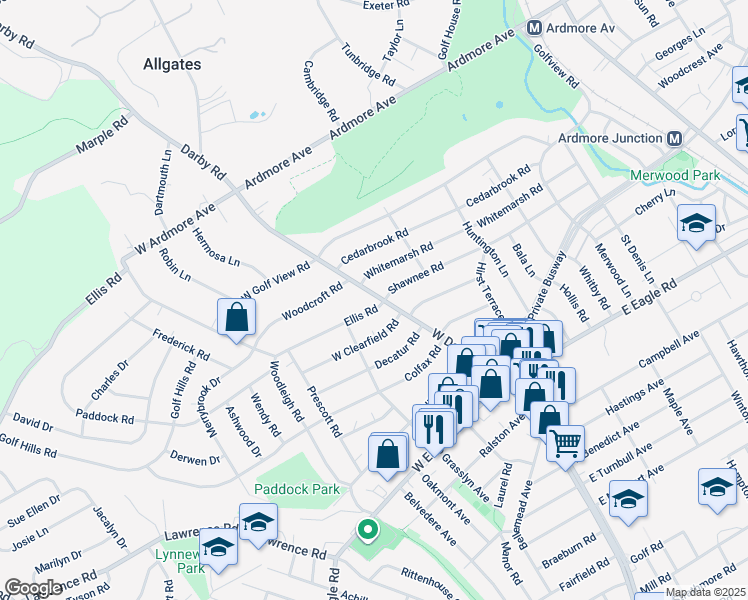 map of restaurants, bars, coffee shops, grocery stores, and more near 2 Ellis Road in Havertown