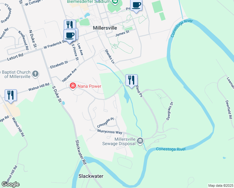 map of restaurants, bars, coffee shops, grocery stores, and more near 100 Creekgate Court in Millersville