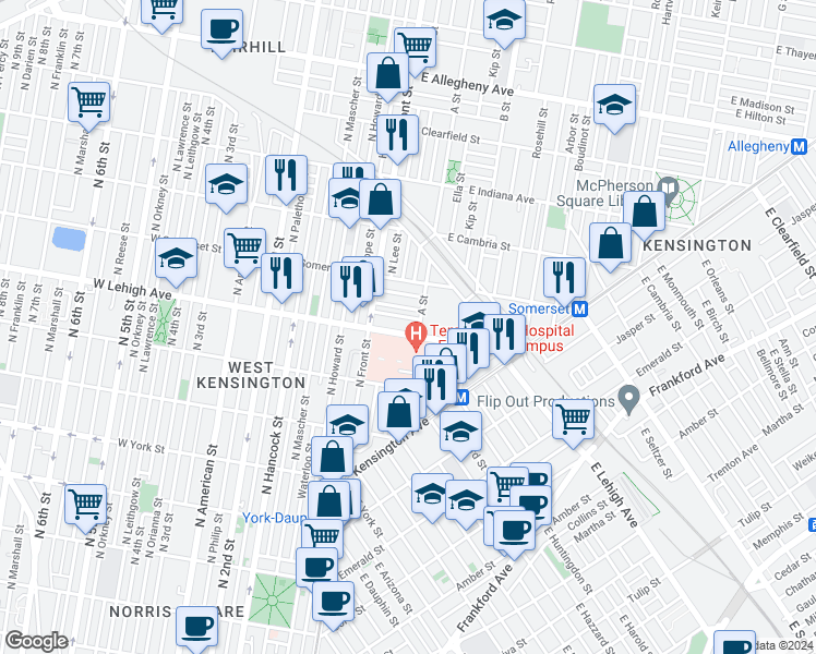 map of restaurants, bars, coffee shops, grocery stores, and more near 151 East Lehigh Avenue in Philadelphia
