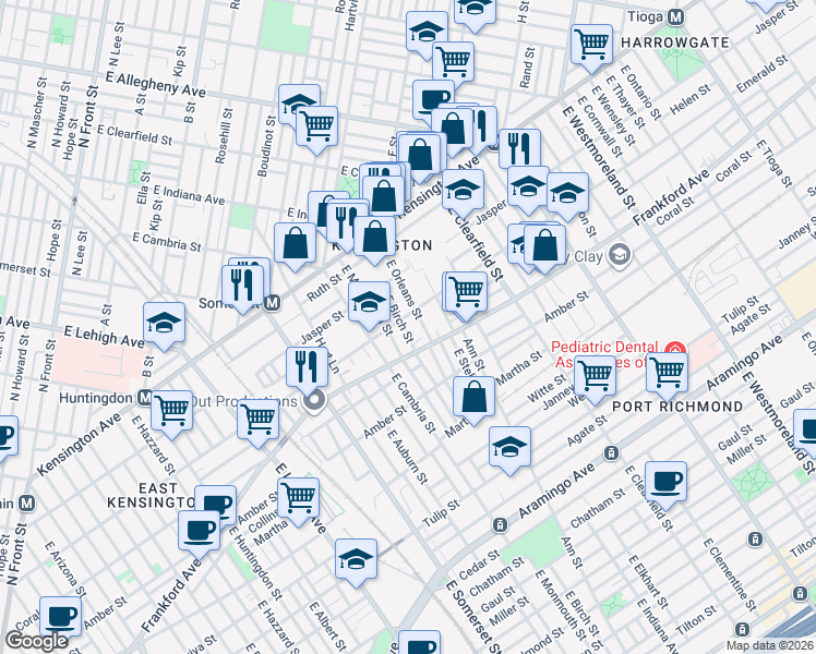 map of restaurants, bars, coffee shops, grocery stores, and more near 1920 East Orleans Street in Philadelphia