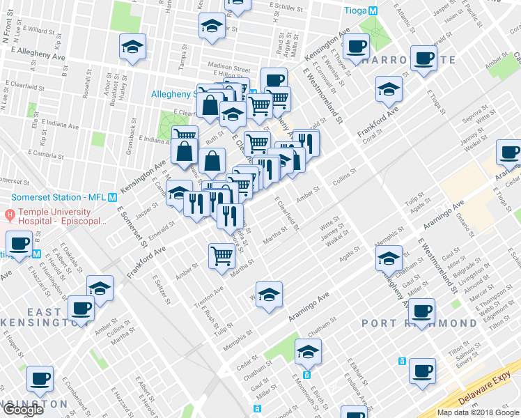 map of restaurants, bars, coffee shops, grocery stores, and more near 3038 Coral Street in Philadelphia
