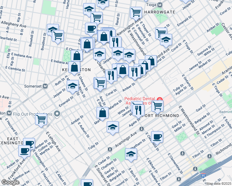 map of restaurants, bars, coffee shops, grocery stores, and more near 3072 Amber Street in Philadelphia