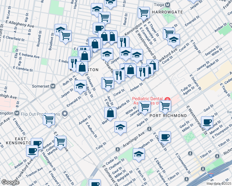 map of restaurants, bars, coffee shops, grocery stores, and more near 3036 Coral Street in Philadelphia
