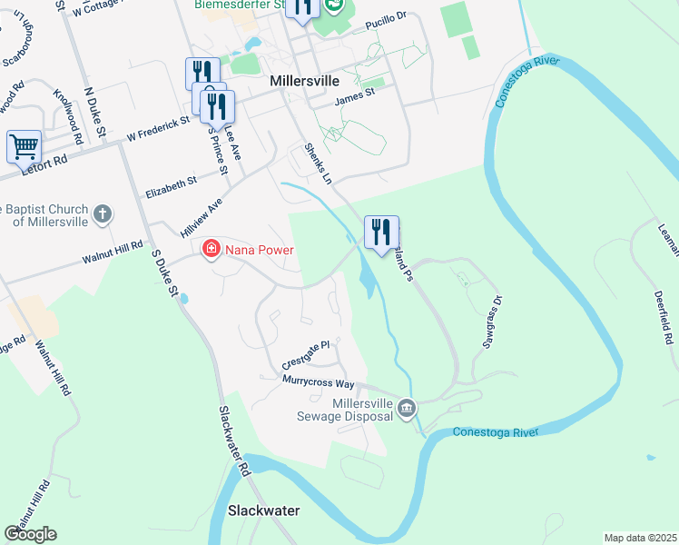 map of restaurants, bars, coffee shops, grocery stores, and more near 100 Creekgate Court in Millersville