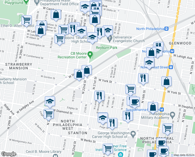 map of restaurants, bars, coffee shops, grocery stores, and more near 2055 West York Street in Philadelphia
