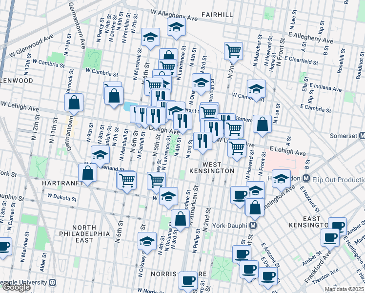 map of restaurants, bars, coffee shops, grocery stores, and more near 2626 North Orianna Street in Philadelphia