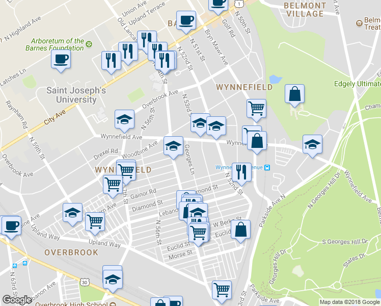 map of restaurants, bars, coffee shops, grocery stores, and more near 2265 Georges Lane in Philadelphia