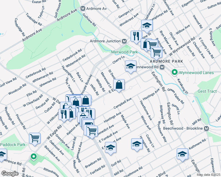map of restaurants, bars, coffee shops, grocery stores, and more near 216 East Eagle Road in Havertown