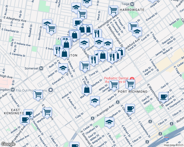 map of restaurants, bars, coffee shops, grocery stores, and more near 3040 Coral Street in Philadelphia