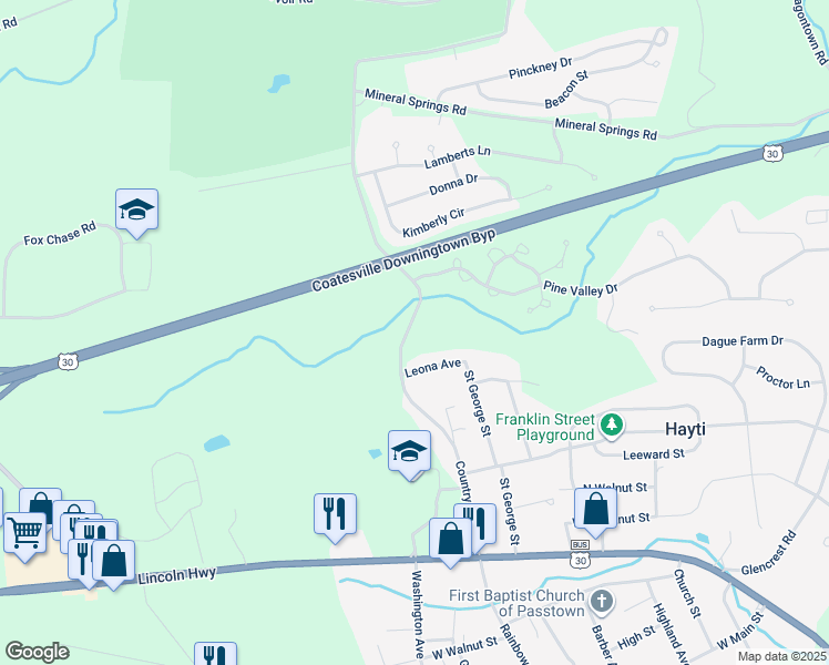 map of restaurants, bars, coffee shops, grocery stores, and more near 299 Country Club Road in Coatesville