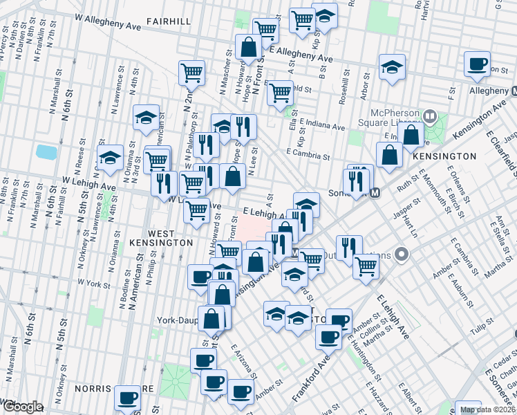 map of restaurants, bars, coffee shops, grocery stores, and more near 105 East Silver Street in Philadelphia