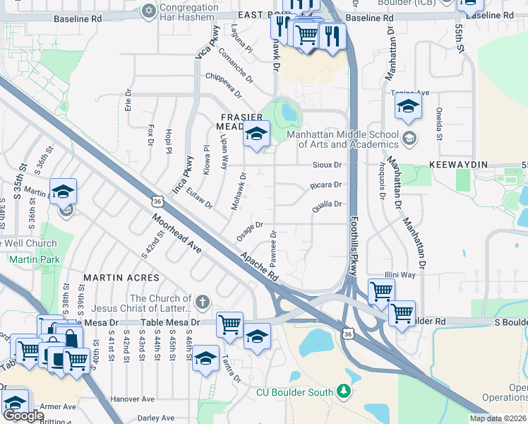 map of restaurants, bars, coffee shops, grocery stores, and more near 181 Pawnee Drive in Boulder
