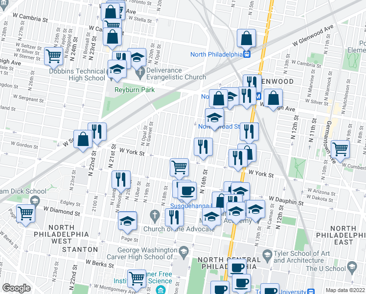 map of restaurants, bars, coffee shops, grocery stores, and more near 2440 North Colorado Street in Philadelphia
