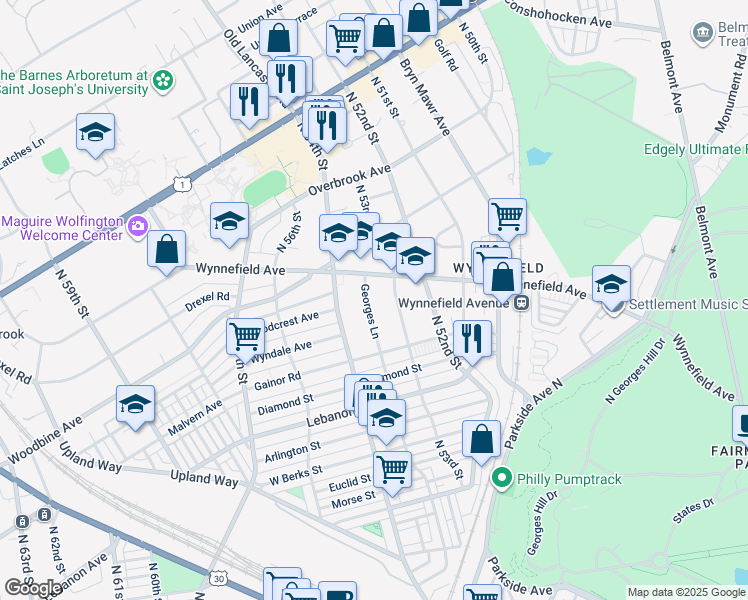map of restaurants, bars, coffee shops, grocery stores, and more near 2265 Georges Lane in Philadelphia