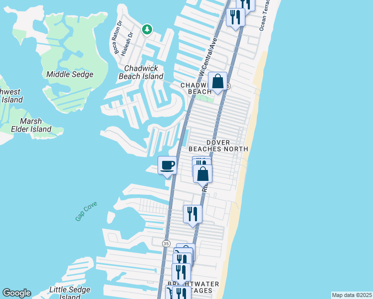 map of restaurants, bars, coffee shops, grocery stores, and more near 123 West Swordfish Way in Lavallette