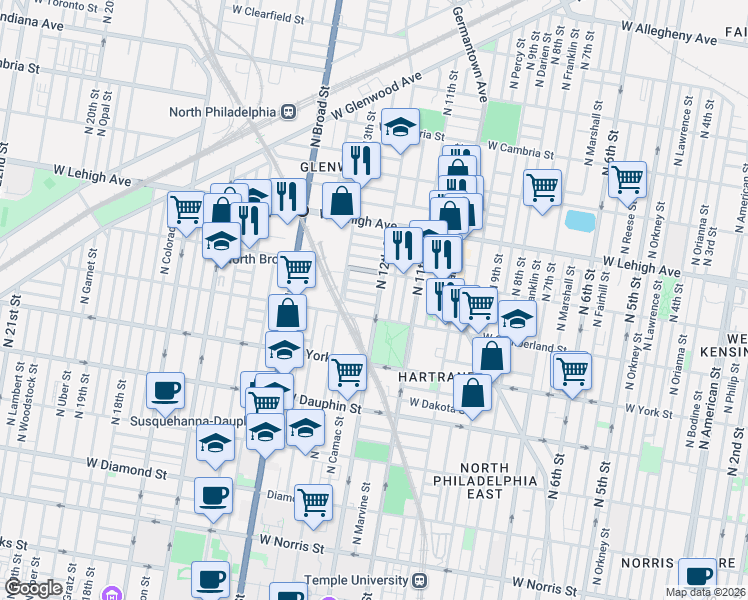 map of restaurants, bars, coffee shops, grocery stores, and more near 2536 North 12th Street in Philadelphia