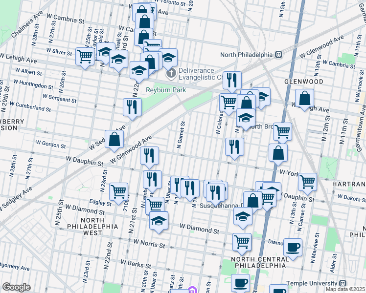 map of restaurants, bars, coffee shops, grocery stores, and more near 2422 North 19th Street in Philadelphia