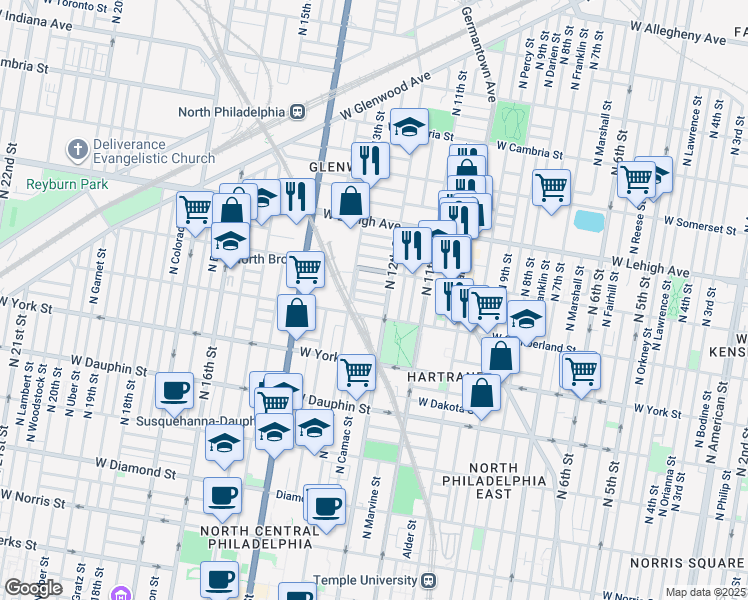 map of restaurants, bars, coffee shops, grocery stores, and more near 1219 West Firth Street in Philadelphia