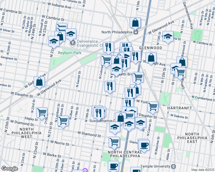 map of restaurants, bars, coffee shops, grocery stores, and more near 2453 North Chadwick Street in Philadelphia