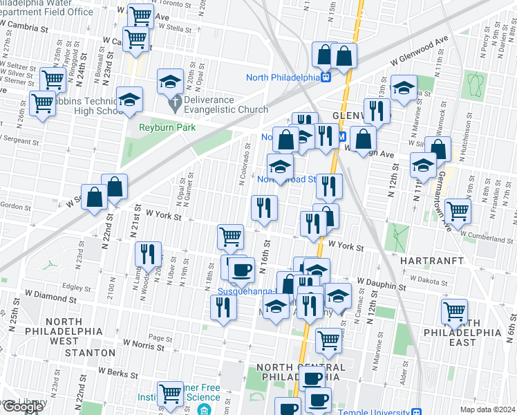 map of restaurants, bars, coffee shops, grocery stores, and more near 2453 North Chadwick Street in Philadelphia