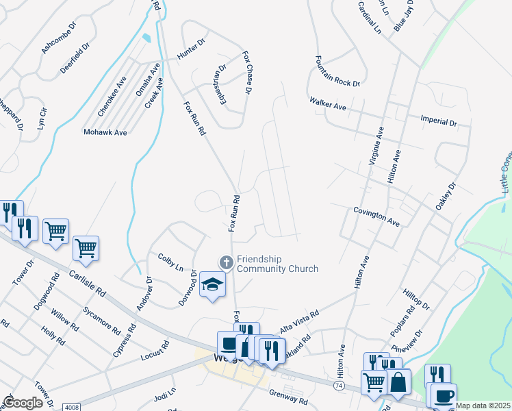 map of restaurants, bars, coffee shops, grocery stores, and more near 3190 Pebble Run Drive in Dover