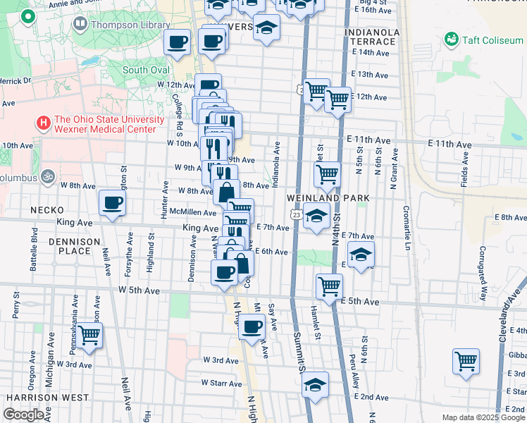 map of restaurants, bars, coffee shops, grocery stores, and more near 87 Euclid Avenue in Columbus