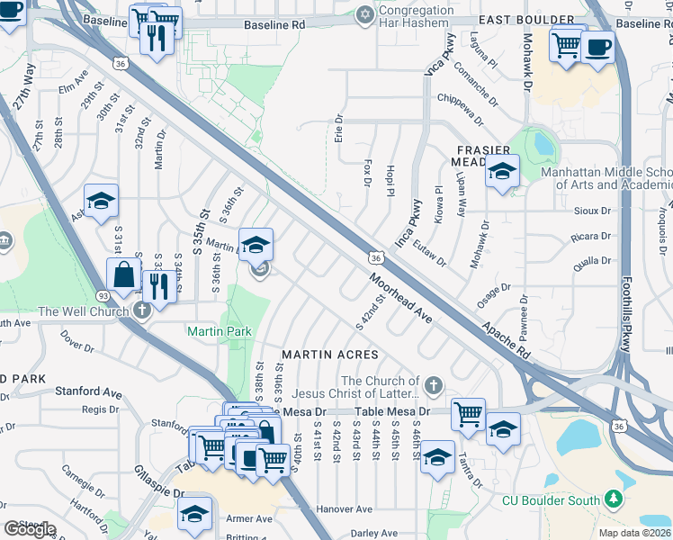 map of restaurants, bars, coffee shops, grocery stores, and more near 20 South 38th Street in Boulder
