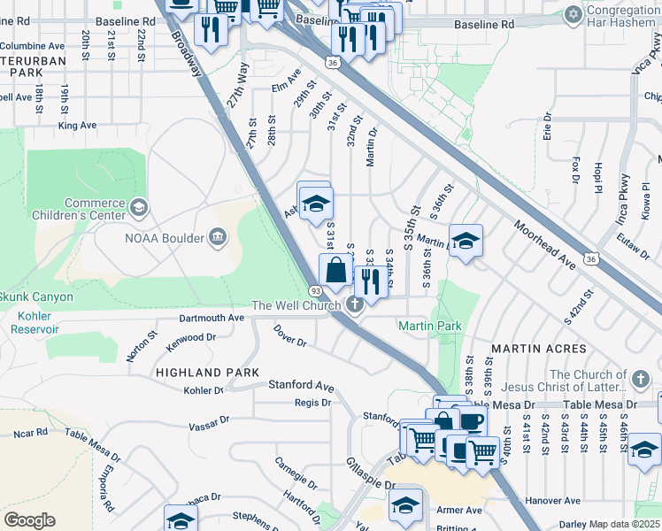 map of restaurants, bars, coffee shops, grocery stores, and more near 87 Bucknell Court in Boulder