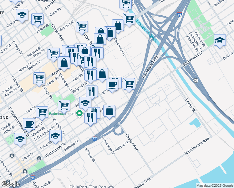 map of restaurants, bars, coffee shops, grocery stores, and more near 2725 East Butler Street in Philadelphia